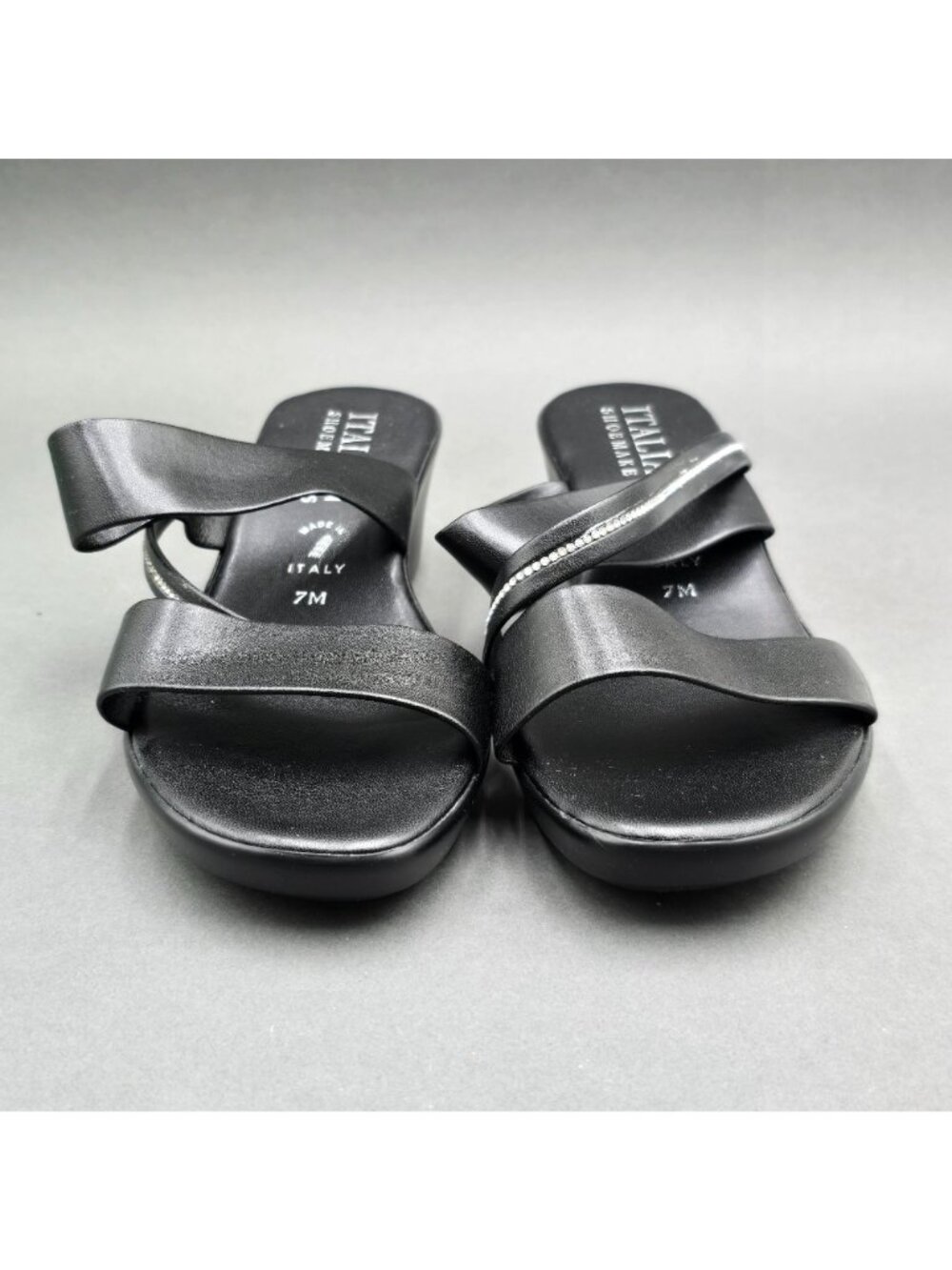 Italian Shoemakers Remus Black Slide Sandals Size 7 M Crystal Trim Wedge Heel - Picture 3 of 8
